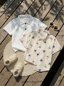 Cozy Pixies 2pcs/Set Young Boys Palm Tree Pattern Lapel Short Sleeve Button-Up Textured Fabric Shirt Set - Multicolor - View 8