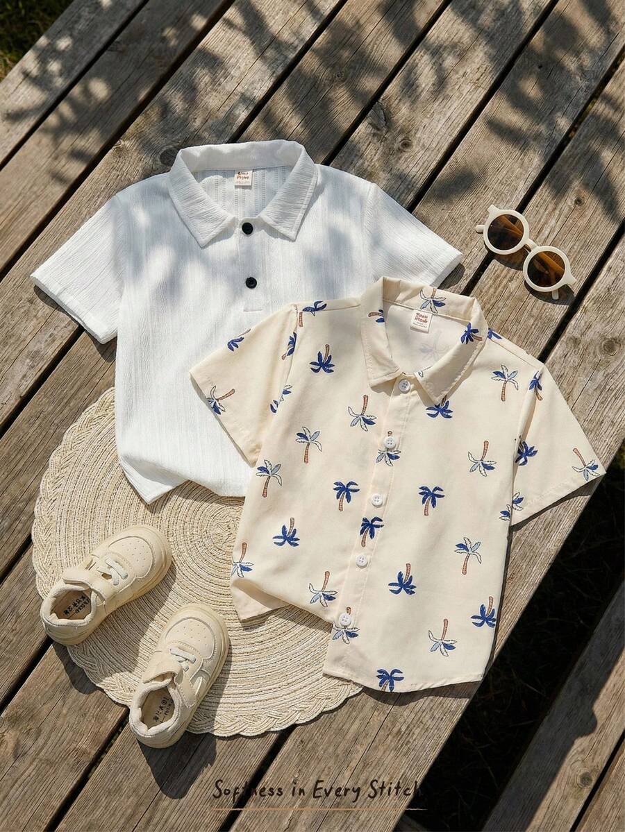 Cozy Pixies 2pcs/Set Young Boys Palm Tree Pattern Lapel Short Sleeve Button-Up Textured Fabric Shirt Set - Multicolor - View 1