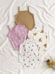 SHEIN Vintaside Kids 女婴碎花泰迪熊印花连体衣，乡村风时尚可爱套装，春夏款 - 彩色 - 查看 2