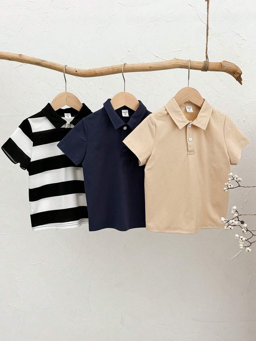 3件套男童休闲条纹短袖polo衫、衬衫、针织上衣套装，春夏款 - 黑與白 - 查看 1