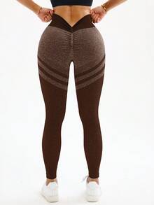 Seamluxe SHEIN Sport H1178 Brown Striped High Waist Seamless Leggings - Coffee Brown - View 9