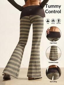 VARSIVA Women's Dark Green Color-Blocked Flared Pants With A Folded Waistband And Color-Blocked Stripes Are A Versatile And Casual Style, Perfect For Yoga And Pilates. - Multicolor - View 1