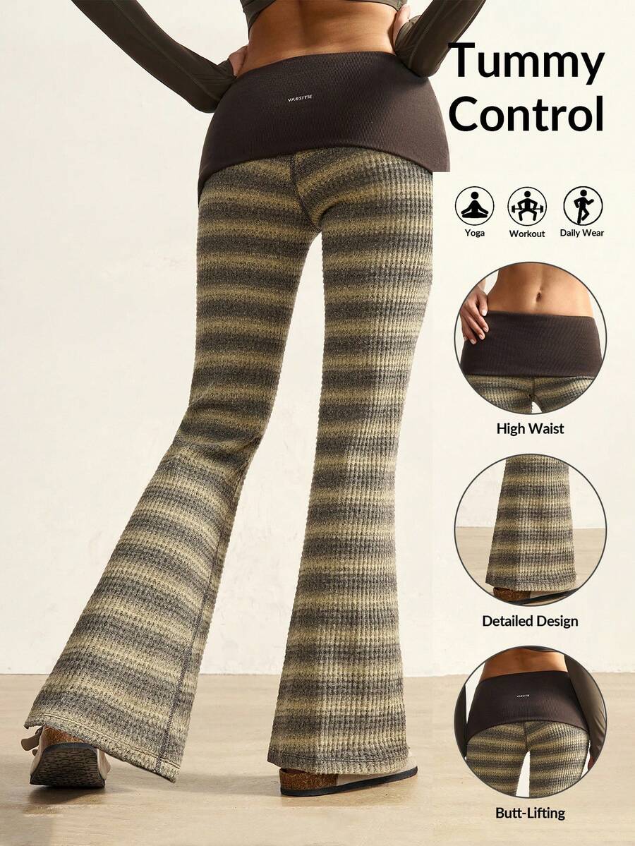 VARSIVA Women's Dark Green Color-Blocked Flared Pants With A Folded Waistband And Color-Blocked Stripes Are A Versatile And Casual Style, Perfect For Yoga And Pilates. - Multicolor - View 1