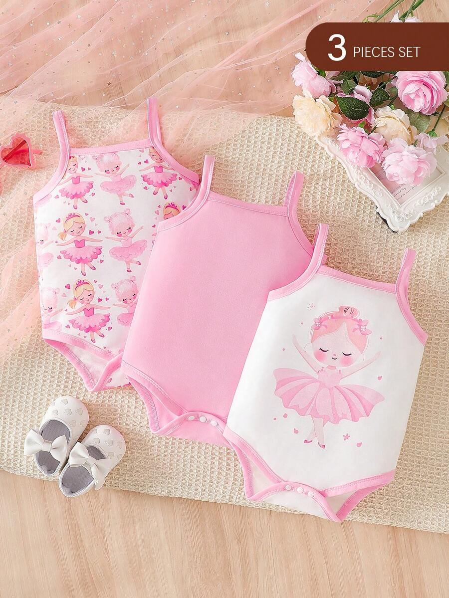 SHEIN 3件套优雅可爱女婴舞蹈印花连体衣套装 - 粉色 - 查看 1