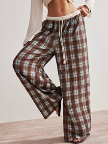 Bohemela Women's Casual Loose Fit Plaid Wide Leg Pants - Blue - View 1