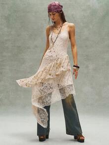 Bohemela 女士夏季度假海滩波西米亚西部音乐节装扮重工多面料蕾丝拼接亮片吊带中长连衣裙，女士夏季服装，自由休闲的穿搭风格，时尚女士服装，海滩装扮，春季装扮，情人节装扮，狂欢节装扮，婚礼宾客派对礼服，优雅连衣裙，女士休闲连衣裙 - 鵝黃色 - 查看 8