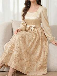 少女优雅长裙，方领长袖金色连衣裙，收腰喇叭裙摆，适合派对、休闲外出、奢华迷你礼服 - 金色 - 查看 1