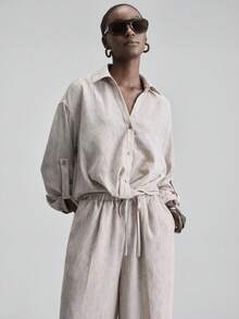 Ontre 2026SS New 2-Piece Set, Women's Dual-Tone Plaid Fabric Dropped Shoulder Long Sleeve Pleated Shirt And Elastic Waist Pants, Modern Elegant Wedding Guest Outfit, Minimalist Romantic French Luxury Feel, Urban Chic Business Casual, High-Quality Airport/Cruise Wear, Middle East Essential, All-Season Versatile, Wedding Series Women's 2-Piece Set 2 Piece Set Women Summer - Multicolor - View 3