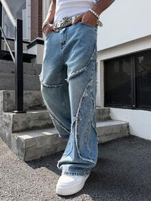 Manfinity EMRG Men's Street Fashion Distressed Patchwork Vintage Washed Wide Leg Pants - Light Wash - View 8
