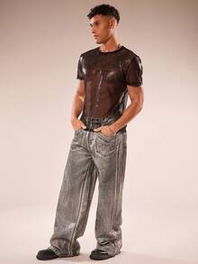 FeverCity Men's Mesh Round Neck Short Sleeve Casual T-Shirt - Black - View 5