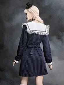 ROMWE Goth 哥特式暗黑娃娃十字尖领撞色蕾丝条纹修身A字迷你连衣裙 - 藍色 - 查看 3