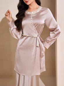 Graceveil Satin Beaded Tie Waist Long Sleeve Elegant Blouse For Women - Champagne - View 1