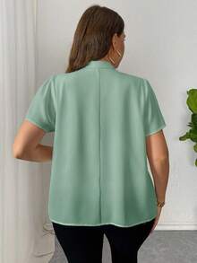 Firerie Plus Size Solid Color Ribbon Collar Short Sleeve Casual Minimalist Shirt - Mint Green - View 2