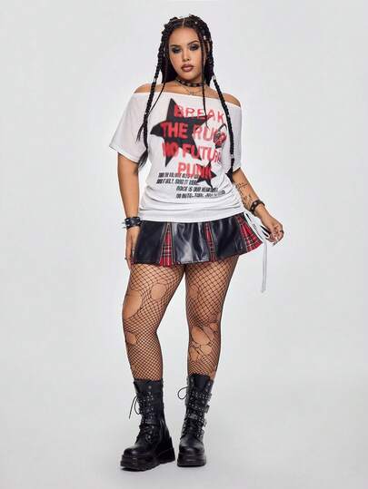 ROMWE Grunge Punk 加大码朋克五角星图案露肩宽松休闲T恤