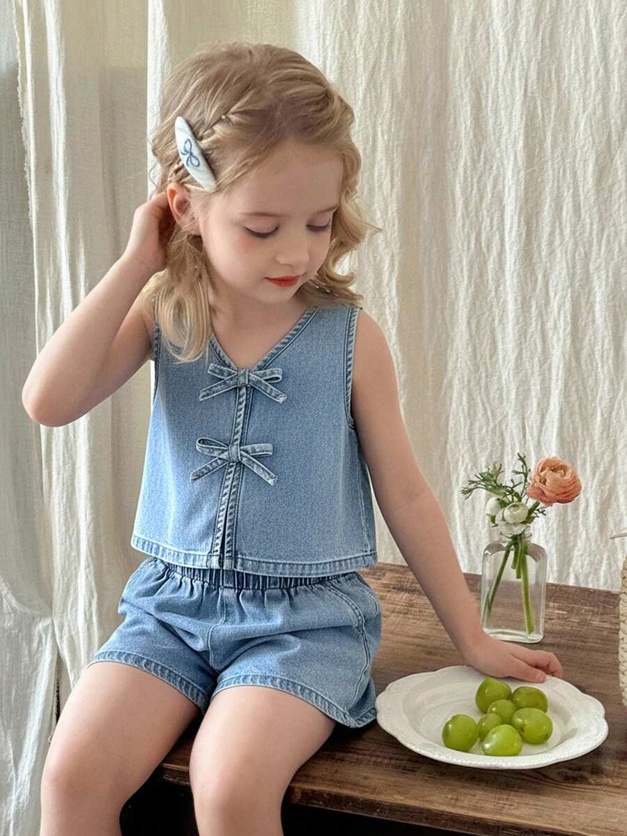 LMoss Kids 2件套女童牛仔无袖背心和宽松短裤套装 - 淺色水洗藍 - 查看 1