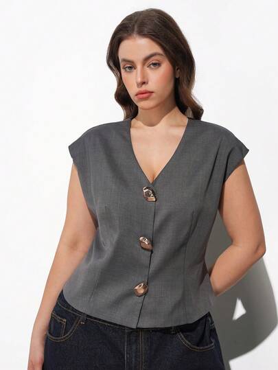 Maija 大码纯色短袖V领前开襟纽扣优雅百搭西装外套