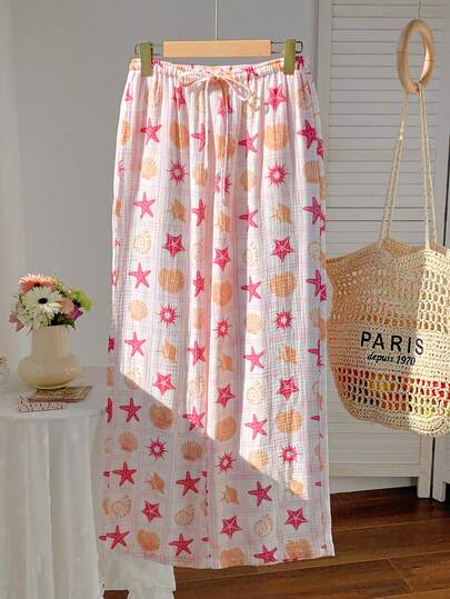 Comfortcana Pantalones casuales sueltos de gasa de doble capa con cintura elástica, con estampado de cuadros y conchas marinas, para usar en casa y de vacaciones