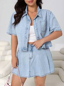 Solflare Kemeja Denim Biru Tua Ukuran Besar, Warna Polos, Bahu Longgar, Lengan Pendek, Kancing Depan, Kasual, Liburan Musim Panas, Serbaguna, Cocok untuk Wanita, Liburan Musim Semi, Karnaval - Biru - View 6