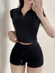 DAZY 女士修身Polo领短袖T恤 夏季 - 黑色 - 查看 2