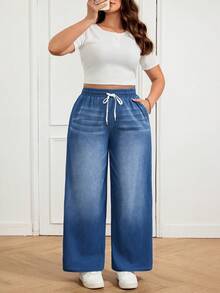 SHEIN CURVE+ Plus Size Women Drawstring Waist Wide Leg Loose Casual Versatile Jeans Spring To Summer Valentine's Day Carnival Costume Commuting Vacation Graduation Chic Y2k Cute Streetwear Party Wedding Elegant Business Casual Woman Loose Fit Women's Blue Wash Denim Wide Leg Jeans With Adjustable Drawstring - Blue - View 8