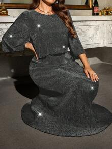 Reflora Plus Size Women's Solid Color Shiny Round Neck 3/4 Sleeve Elegant Dress - Black - View 6
