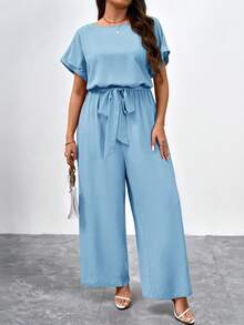 SHEIN Clasi Plus Size Elegant Round Neck Jumpsuit With Waist Belt And Wide Leg - Baby Blue - View 5