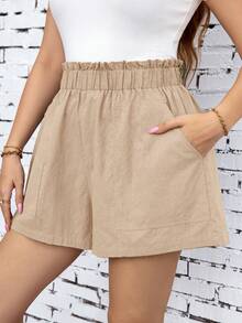 SHEIN Clasi 2pcs Plus Size Shorts Set, Cool & Comfortable, Large Pockets, Summer Country Concert,Business Casual Shorts - Khaki - View 4