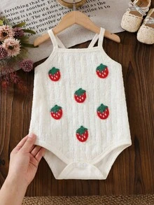 女婴杏色镂空草莓吊带连体衣，甜美可爱婴儿夏季连体衣 - 杏色 - 查看 8