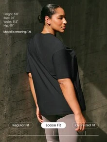 GLOWMODE Plus Size Big Easy Cooling Moisture-Wicking Quick-Dry Relaxed Fit Hip Length Crewneck T-Shirt Gym Workout Studio Daily Casual Wear - Black - View 2