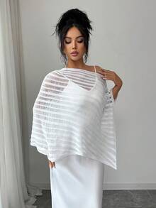 SHEIN Elenzya Loose Fit Striped Hollow-Out Shoulder Exposing Knit Sweater, Fashionable & Sexy For Women Asymmetrical Shoulder Mesh - White - View 4