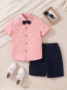 SHEIN 2pcs Kids Tween Boys Casual Daily Comfortable Polo Collar Cardigan Shirt With Bow Tie & Loose Shorts Bib Pants Gentleman Outfit Set - Multicolor - View 5