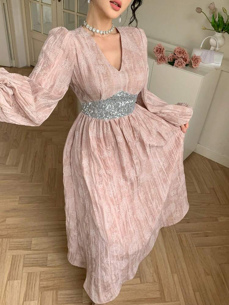Contrast Sequin Lantern Sleeve Dress Sundress