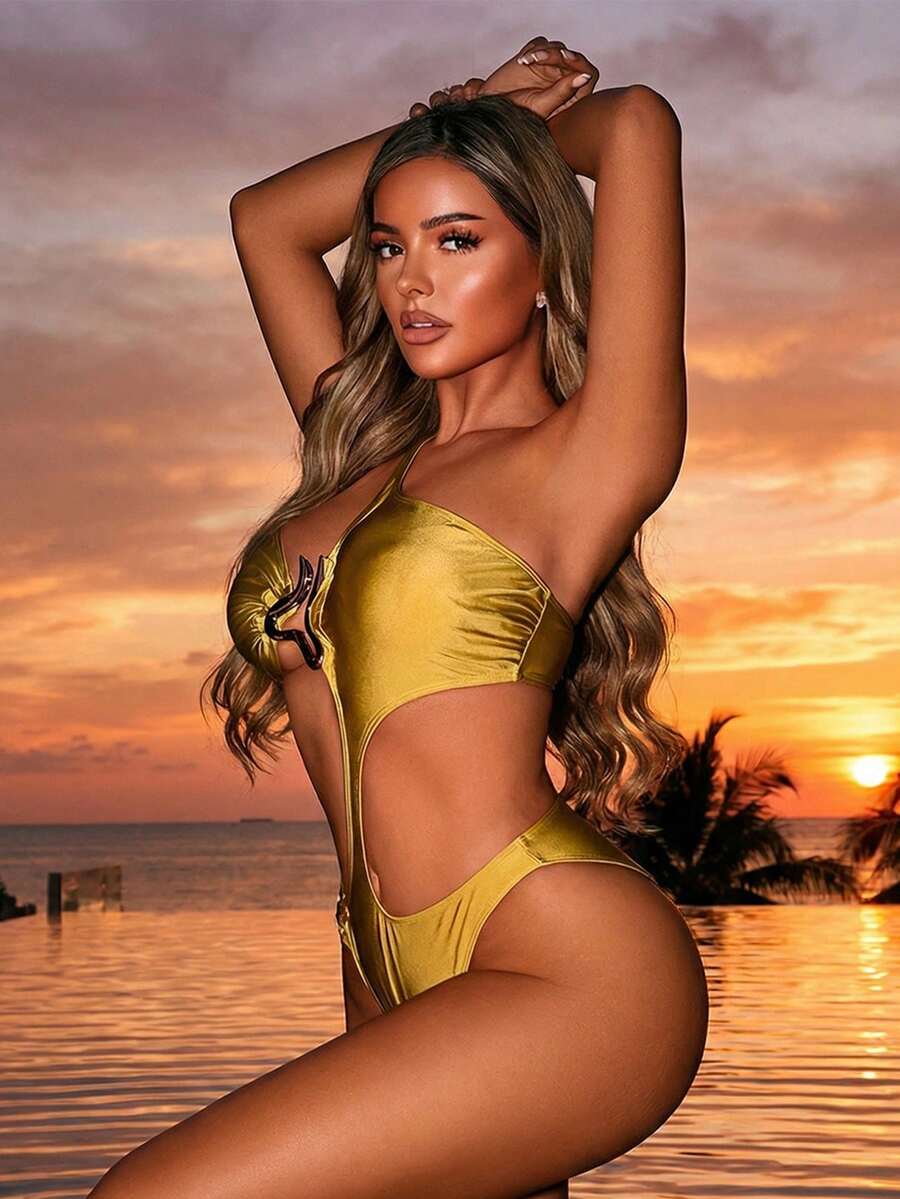 Swim SXY 26SS Women's Cute Summer Olive Green Shiny Metallic One-Piece Swimsuit, & Elegant Asymmetric Cutout Shoulder Beach Outfit For Vacation,Holiday - Mustard Yellow - View 1