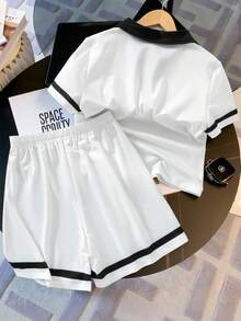 Sparklyn Teenage Girls' Retro LA Letter Print Polo Collar Knit T-Shirt & Shorts Set,Black And White Athletic Summer Back-To-School Graduation Casual Loose Top - White - View 2