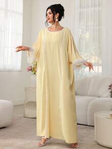 Al Najma Spring/Summer Boat Neck Sequin Embellished Batwing Sleeve Jalabiya Dress - Yellow - View 4
