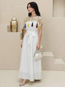 Al Najma Summer White Romantic Women's Round Neck Floral Embroidery Pattern Tassel Waist Tie Design Casual Party Arabic Style Dress Abaya Arabic-Style Long Kaftan Robe, Arabic Women's Dress, Turkish Dress, Abaya Robe, Traditional Women's Dress Arabic Style Long Dress Kaftan Jalabiya Dress Arabic Dress For Women Turkish Dress Abaya Dress Abaya For Women - Multicolor - View 7