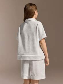 SHEIN Tween Girls Clothes 2pcs/Set Tween Girls Casual Outfit,Polo Zip-Up, Cute, School, Back To School - Light Grey - View 2