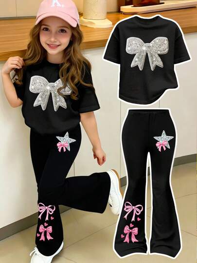 Spring And Summer Young Girls Casual Fashion Creative Personalized Refreshing Cute Simple Shiny Bow Star Heart Shaped Print Relaxed Black Short T-Shirt And Flared Pants Set, Comfortable Daily Wear, Cozy Summer And Fall Styles Suitable For Spring, Summer And Autumn