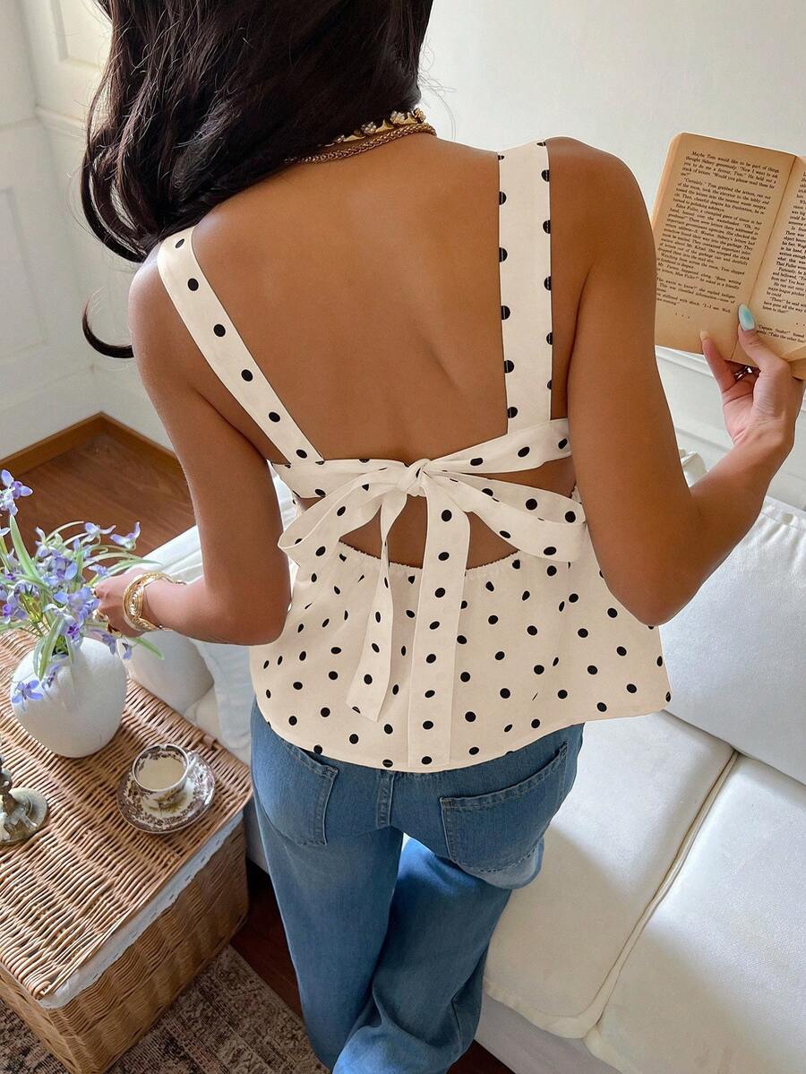 Serisse 女士休闲波点印花露背系带吊带背心，夏季 - 杏色 - 查看 1