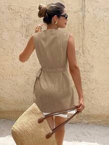 SHEIN Frenchy Women's Summer Casual Contrast Trim Wrap Tie Sleeveless Short Dress - Mocha Brown - View 3