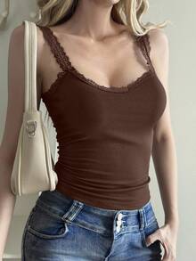 Livesso Women's Summer Casual Versatile Knitted Ribbed Lace Trim Fitted Camisole - Coffee Brown - View 6