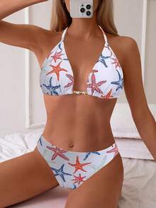 SHEIN Swim 女士性感露背系带海星印花比基尼套装，海滩度假风 - 彩色 - 查看 3
