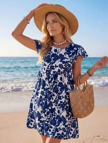 Sylviya 女士白色底蓝色碎花连衣裙，荷叶边下摆，适合春季穿着 - 藍白色 - 查看 1