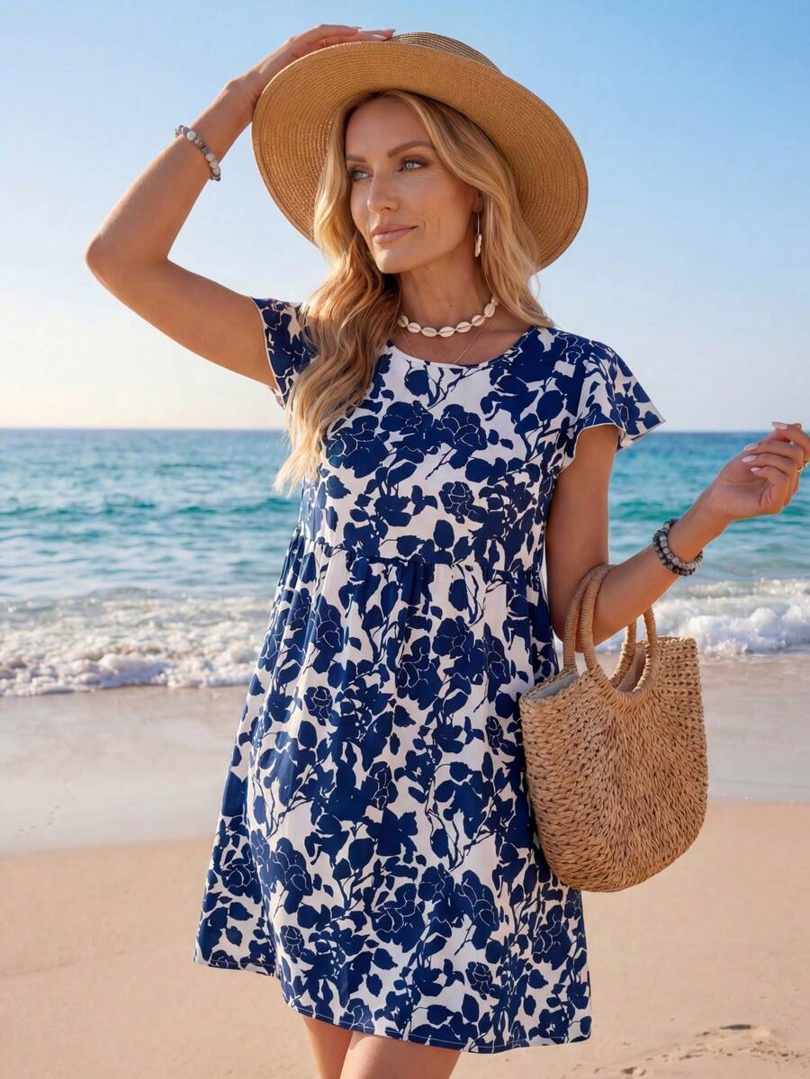 Sylviya 女士白色底蓝色碎花连衣裙，荷叶边下摆，适合春季穿着 - 藍白色 - 查看 1