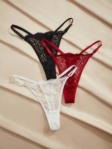Charlaine 3pcs Lace Patchwork Simple Lace Panties, Lightweight Underwear, Romantic French Style, Elegant & Refined Women's Thong - Multicolor - View 5