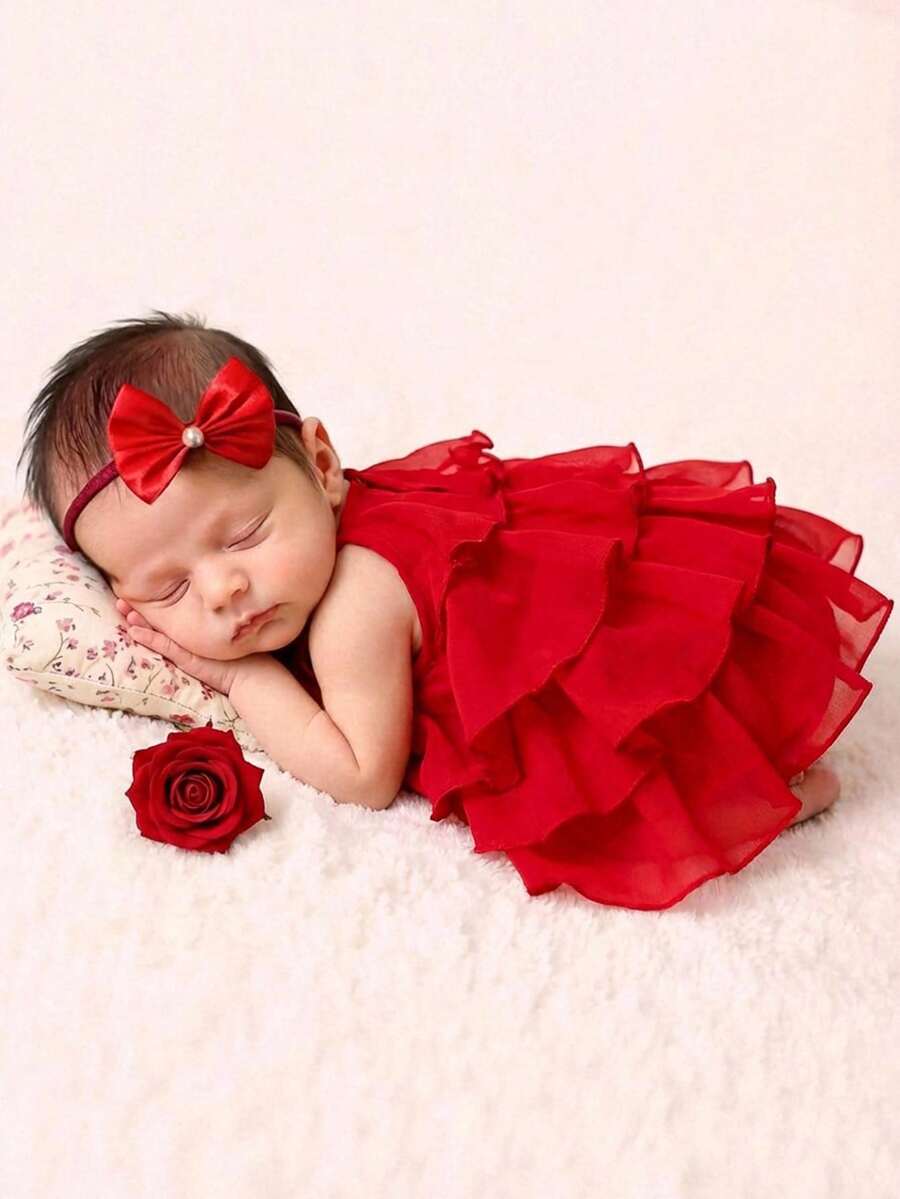 SHEIN 新生儿夏季可爱红色优雅欧根纱连衣裙 - 紅色 - 查看 1