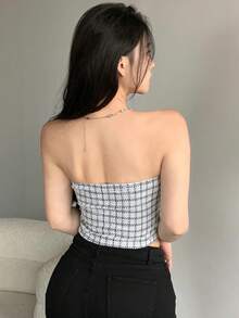 DAZY 女士格子不对称下摆抹胸上衣，单排扣设计，性感女士上衣，外出上衣，露脐上衣 - 黑與白 - 查看 5