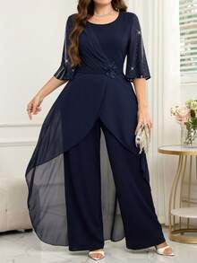 SHEIN Clasi Women's Plus Size Elegant Navy Blue Rhinestone Jumpsuit,Summer Wedding Guest Overlapping V-Neck Wide Leg Sequin Patchwork Formal Cocktail Outfits - Navy Blue - View 10