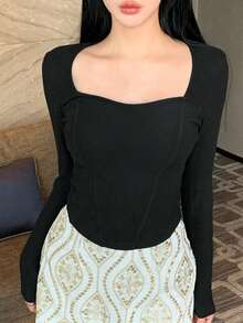 FRIFUL Women's Square Neck Fitted Long Sleeve Basic Solid Tee - Black - View 6