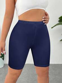 SHEIN EZwear 海军蓝加大码纯色修身短裤女长款短裤加大码骑行短裤女式紧身骑行短裤女式弹力短裤 - 藏蓝色 - 查看 6